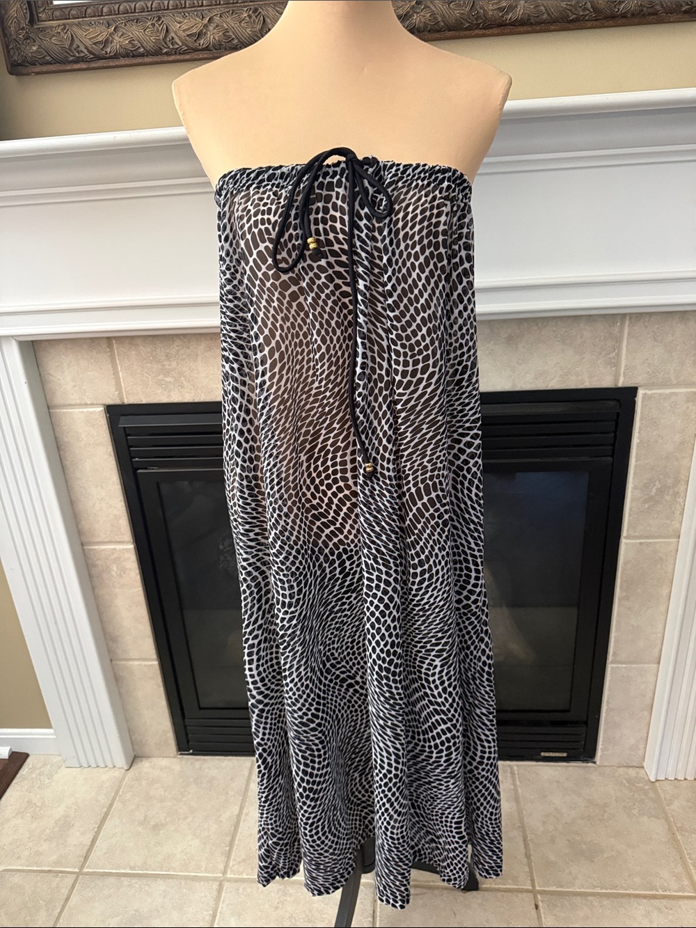 NWT Chico's Swim Black & White Printed Drawstring  Skirt/Coverup Sheer  L